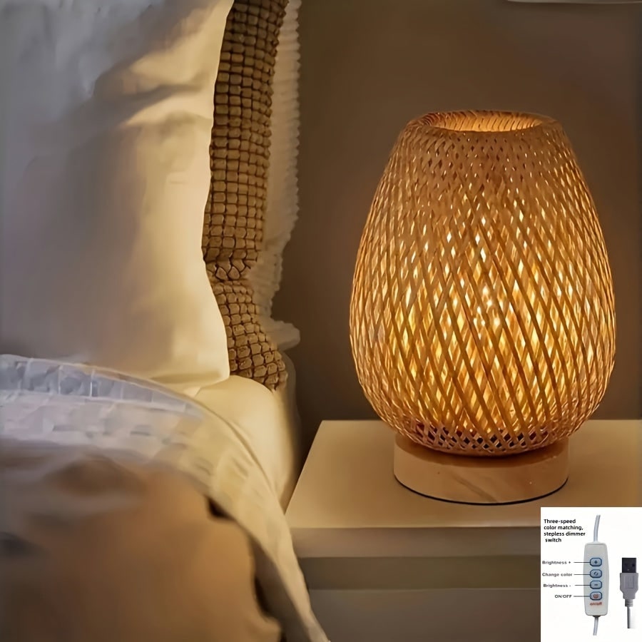 Table Lamp Dimmable Bedside Nightstand Woven Bamboo Wooden Base USB - Image 3