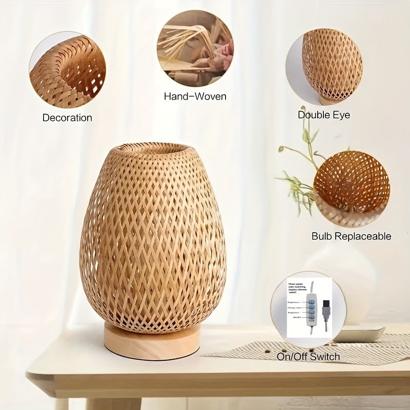 Table Lamp Dimmable Bedside Nightstand Woven Bamboo Wooden Base USB - Image 4