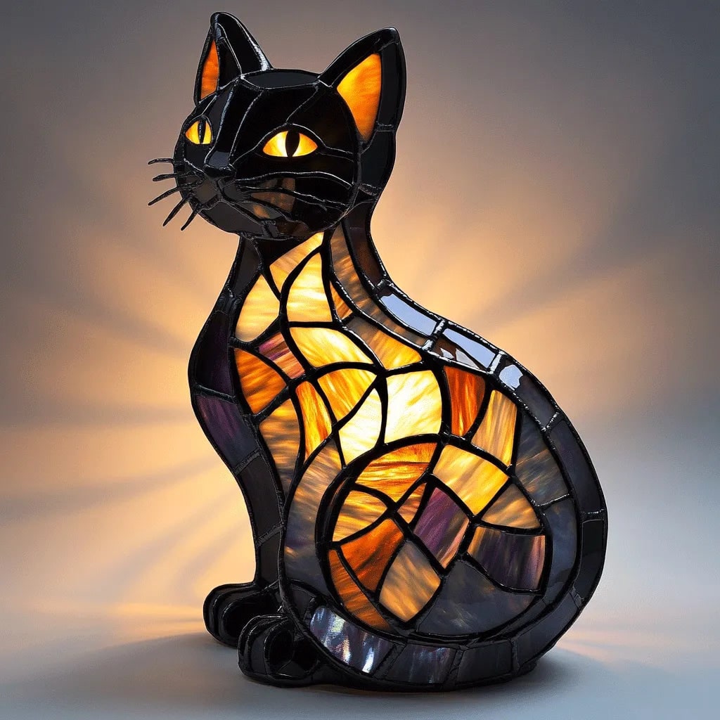Table Lamp Stained Glass Cat Black Frame Glowing Translucent Panels Tiffany - Image 1