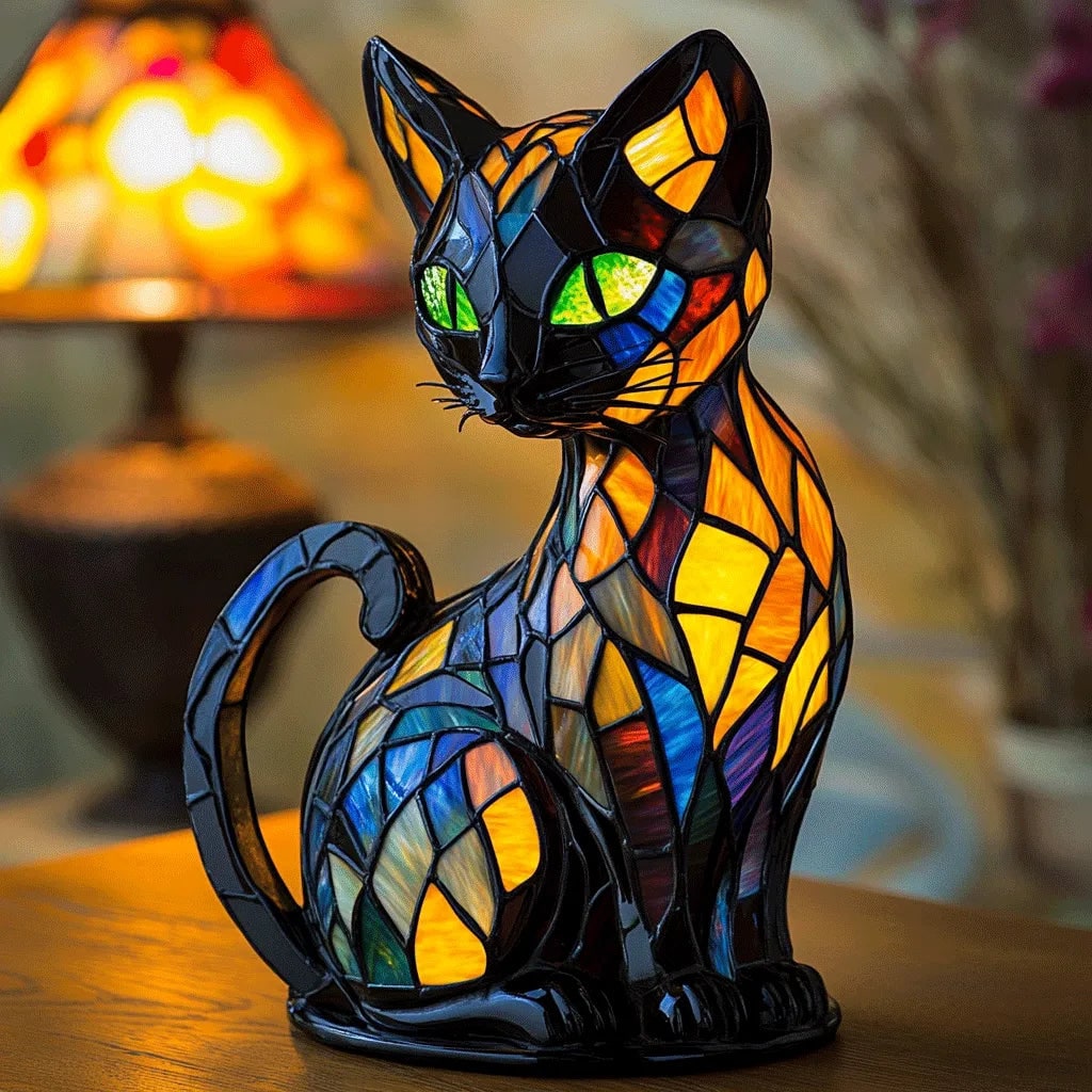 Table Lamp Stained Glass Cat Black Frame Glowing Translucent Panels Tiffany - Image 2
