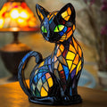 Table Lamp Stained Glass Cat Black Frame Glowing Translucent Panels Tiffany - Image 2
