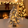 Tabletop Christmas Tree with LED Lights Flocked Snow Effect and Rustic Wood Base - Image 1