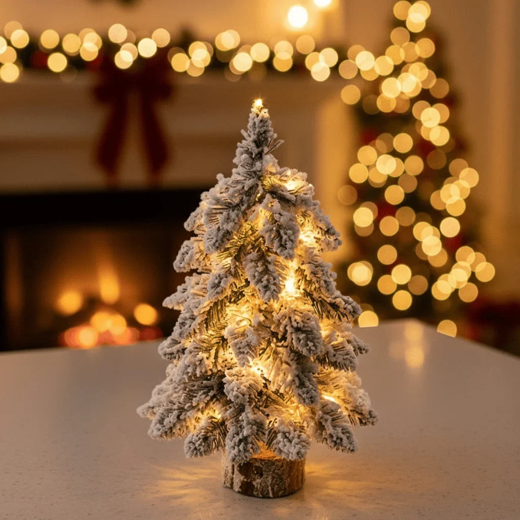 Tabletop Christmas Tree with LED Lights Flocked Snow Effect and Rustic Wood Base - Image 1