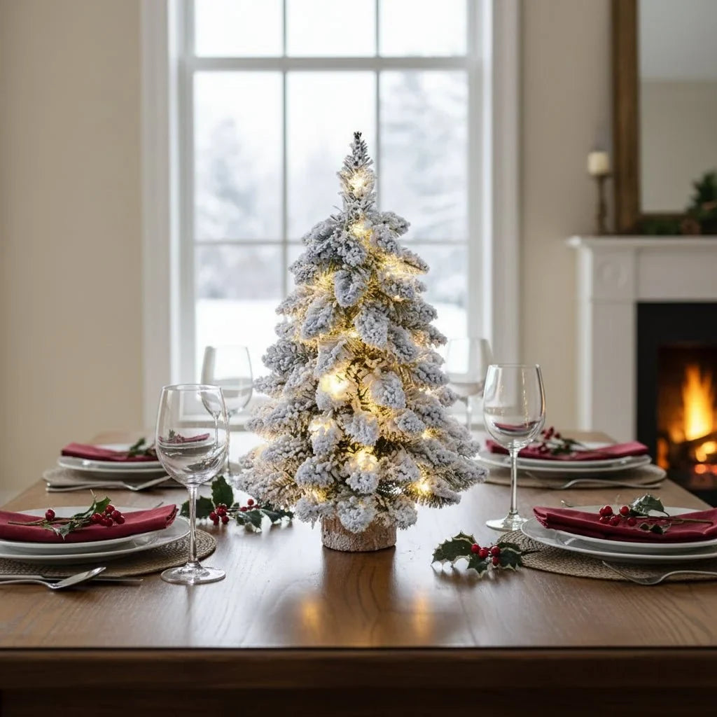 Tabletop Christmas Tree with LED Lights Flocked Snow Effect and Rustic Wood Base - Image 2