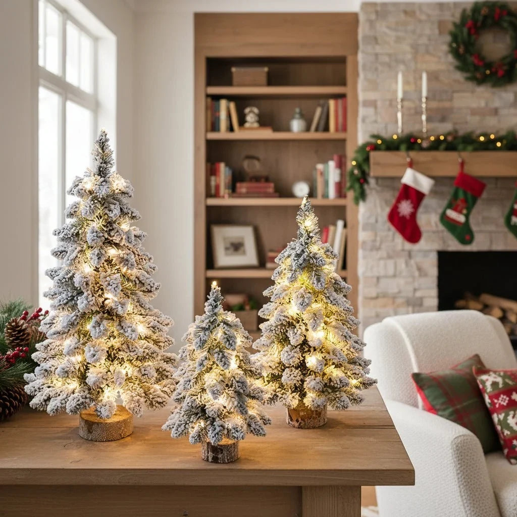 Tabletop Christmas Tree with LED Lights Flocked Snow Effect and Rustic Wood Base - Image 3
