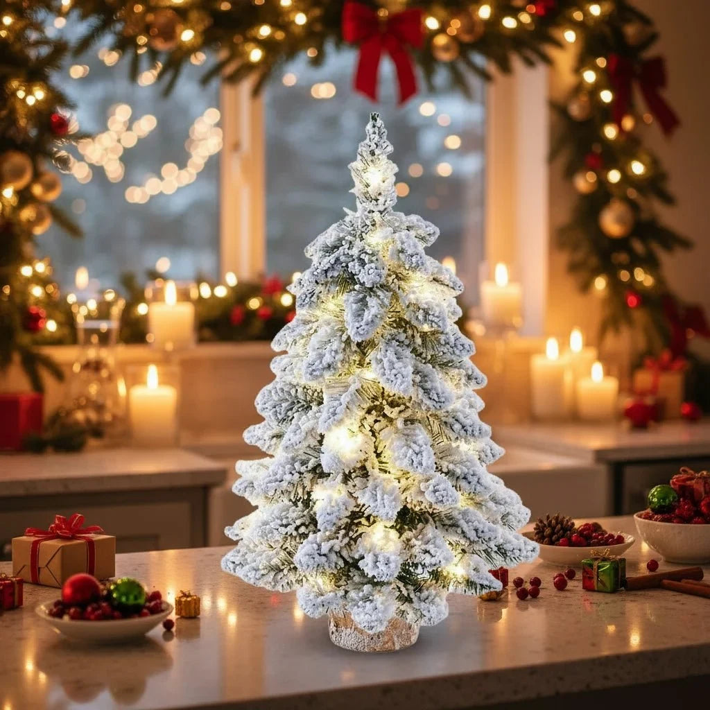 Tabletop Christmas Tree with LED Lights Flocked Snow Effect and Rustic Wood Base - Image 4