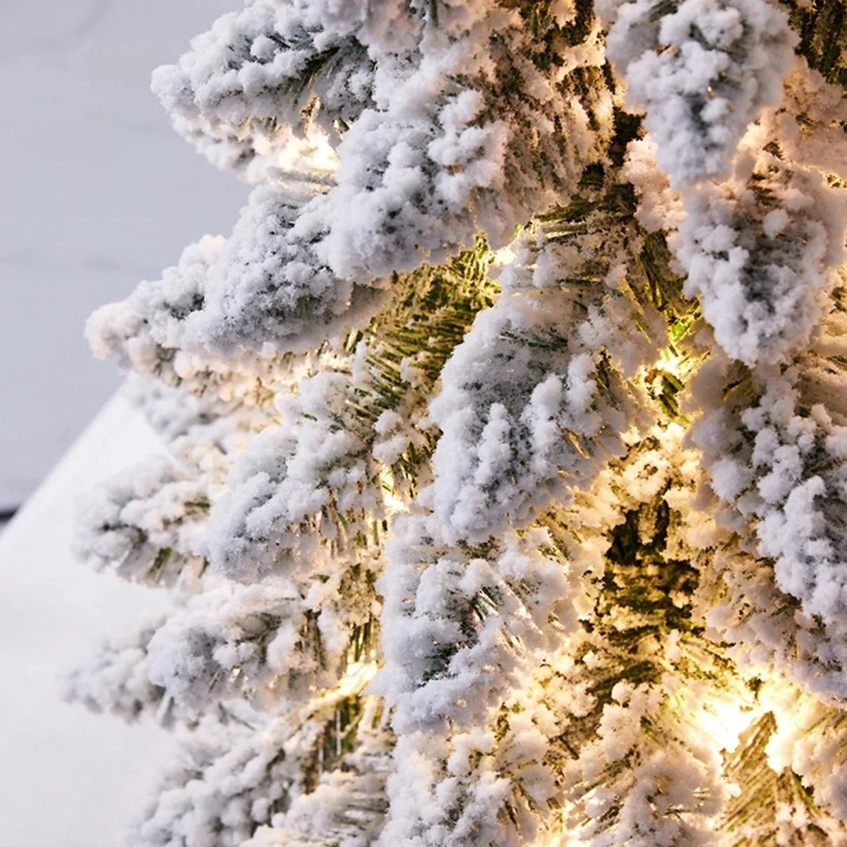Tabletop Christmas Tree with LED Lights Flocked Snow Effect and Rustic Wood Base - Image 5