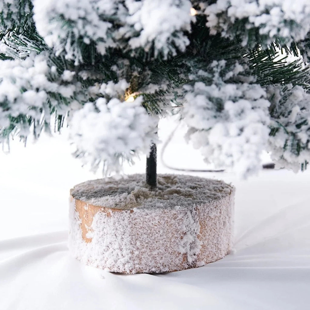 Tabletop Christmas Tree with LED Lights Flocked Snow Effect and Rustic Wood Base - Image 6