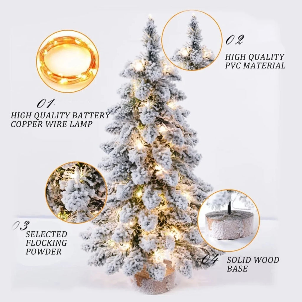 Tabletop Christmas Tree with LED Lights Flocked Snow Effect and Rustic Wood Base - Image 7
