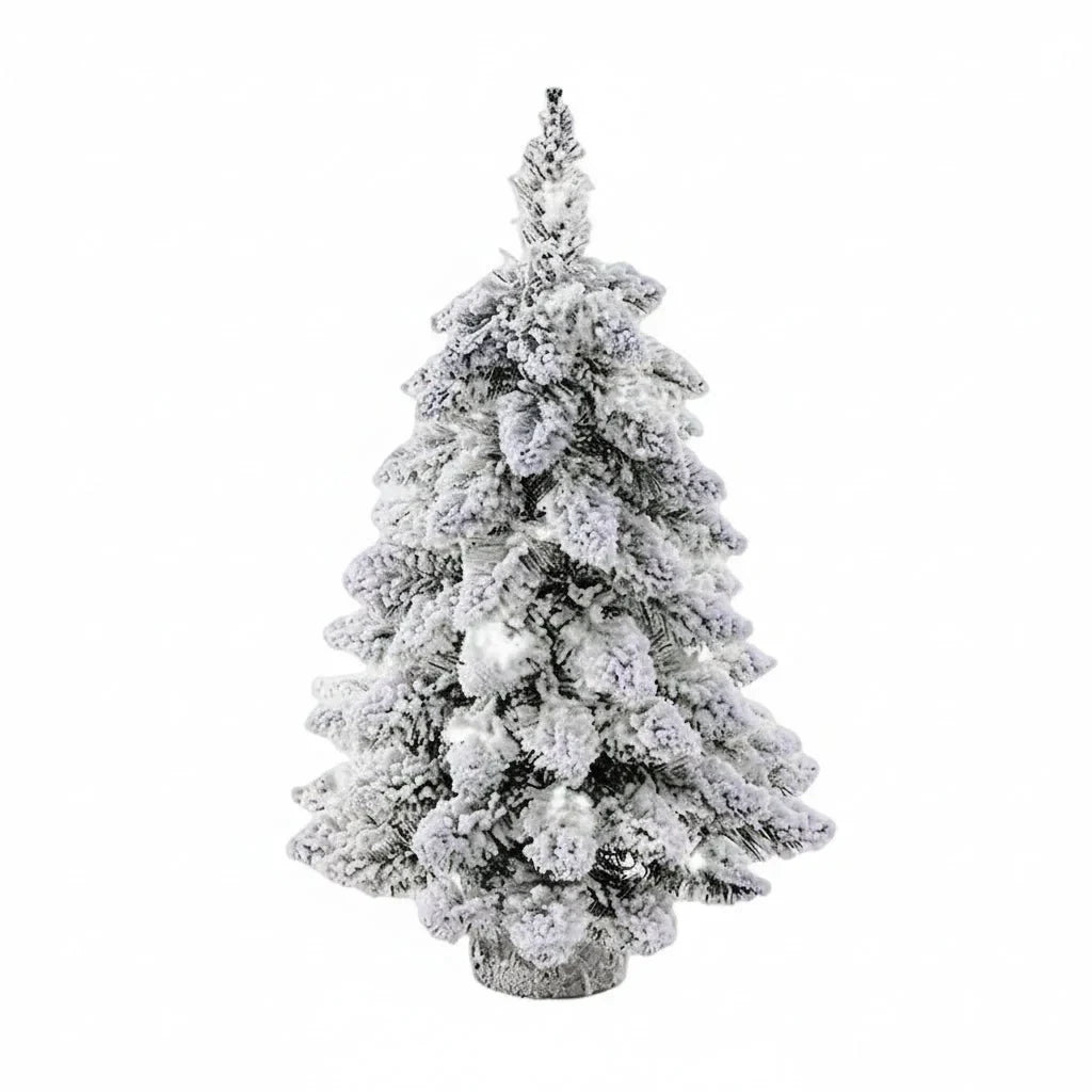 Tabletop Christmas Tree with LED Lights Flocked Snow Effect and Rustic Wood Base - Image 8