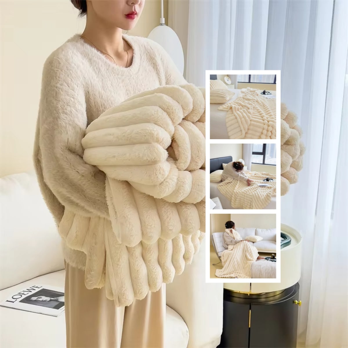 Throw Blanket Faux Fur with Soft Fleece Backing and Thick Ribbed Texture - Image 14