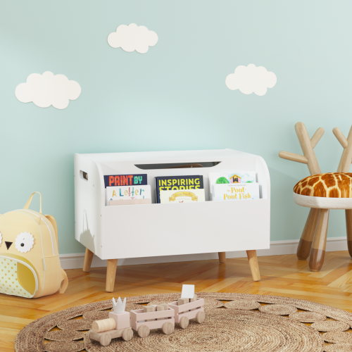 Toy Box Chest with Storage Organizer Front Book Display Shelf and Wooden Lid Bins - Image 1