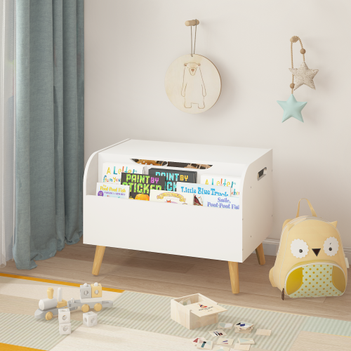 Toy Box Chest with Storage Organizer Front Book Display Shelf and Wooden Lid Bins - Image 11
