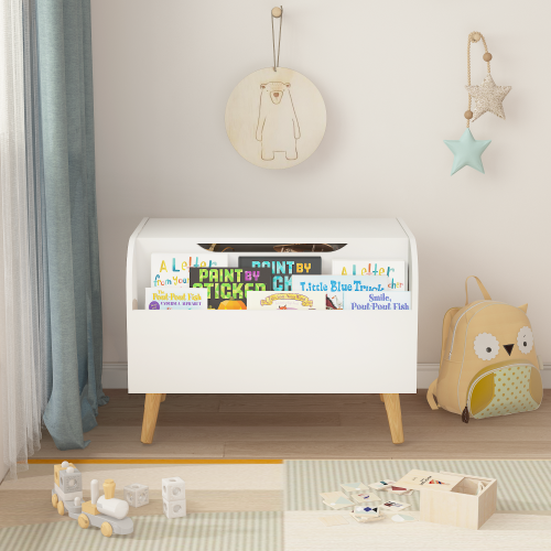 Toy Box Chest with Storage Organizer Front Book Display Shelf and Wooden Lid Bins - Image 3