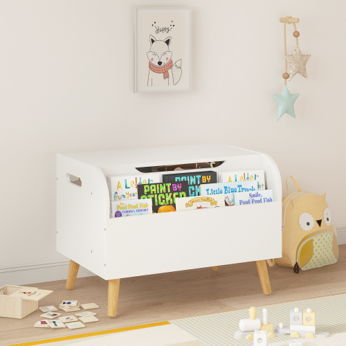 Toy Box Chest with Storage Organizer Front Book Display Shelf and Wooden Lid Bins - Image 5