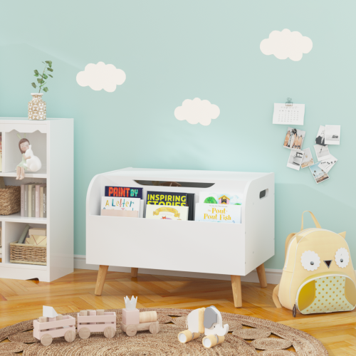 Toy Box Chest with Storage Organizer Front Book Display Shelf and Wooden Lid Bins - Image 7