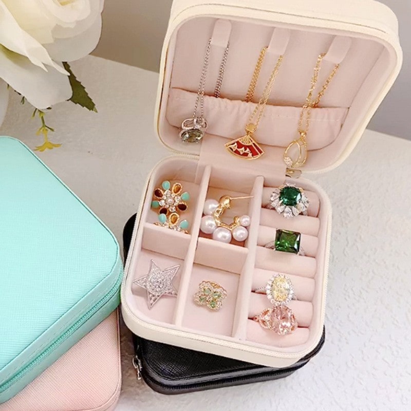 Travel Jewelry Box Organizer Case with Velvet Lining Padded Ring Rolls and Removable Dividers - Image 2