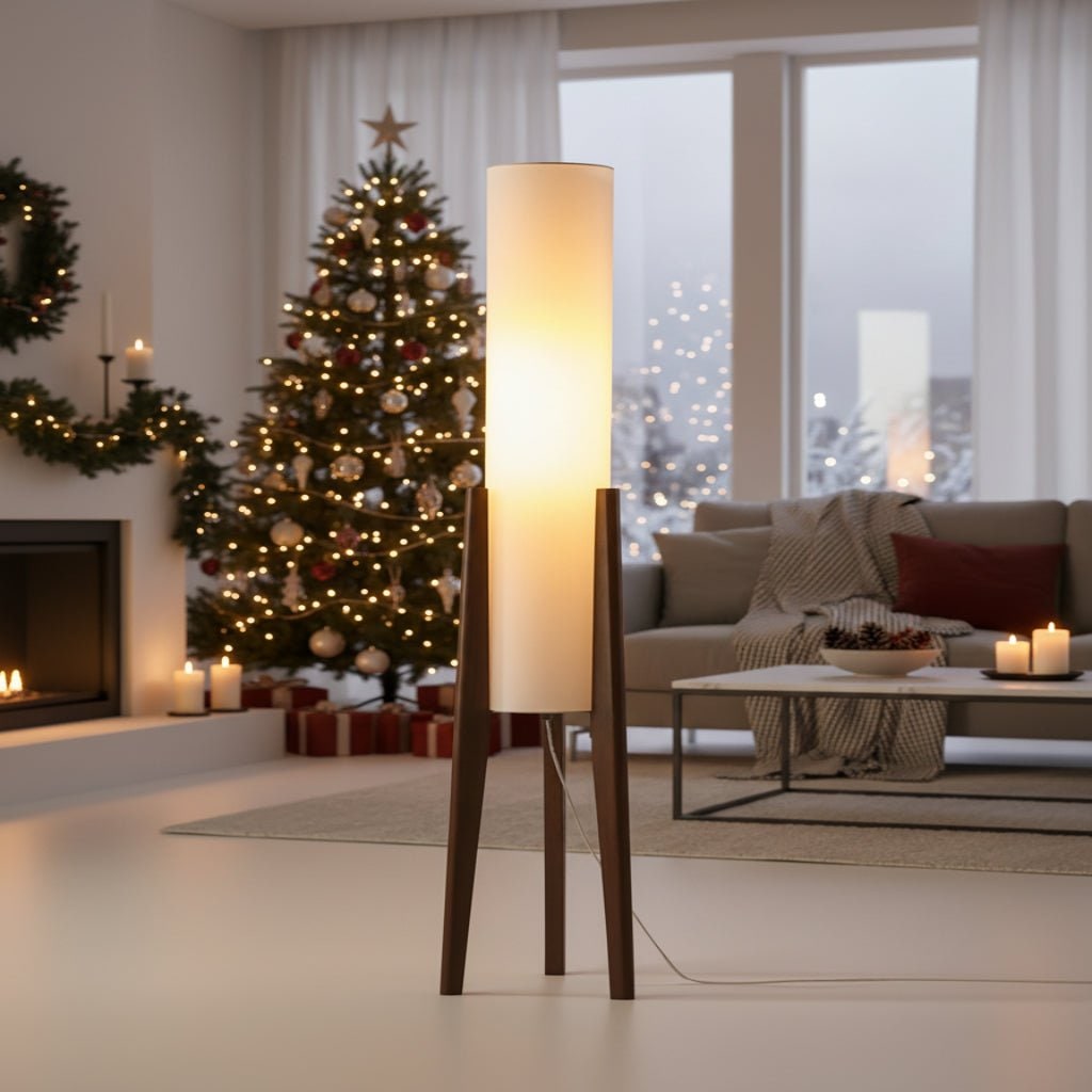 Tripod Floor Lamp Fabric Shade Wooden Tapered Legs Tall Cylindrical Scandinavian - Image 1