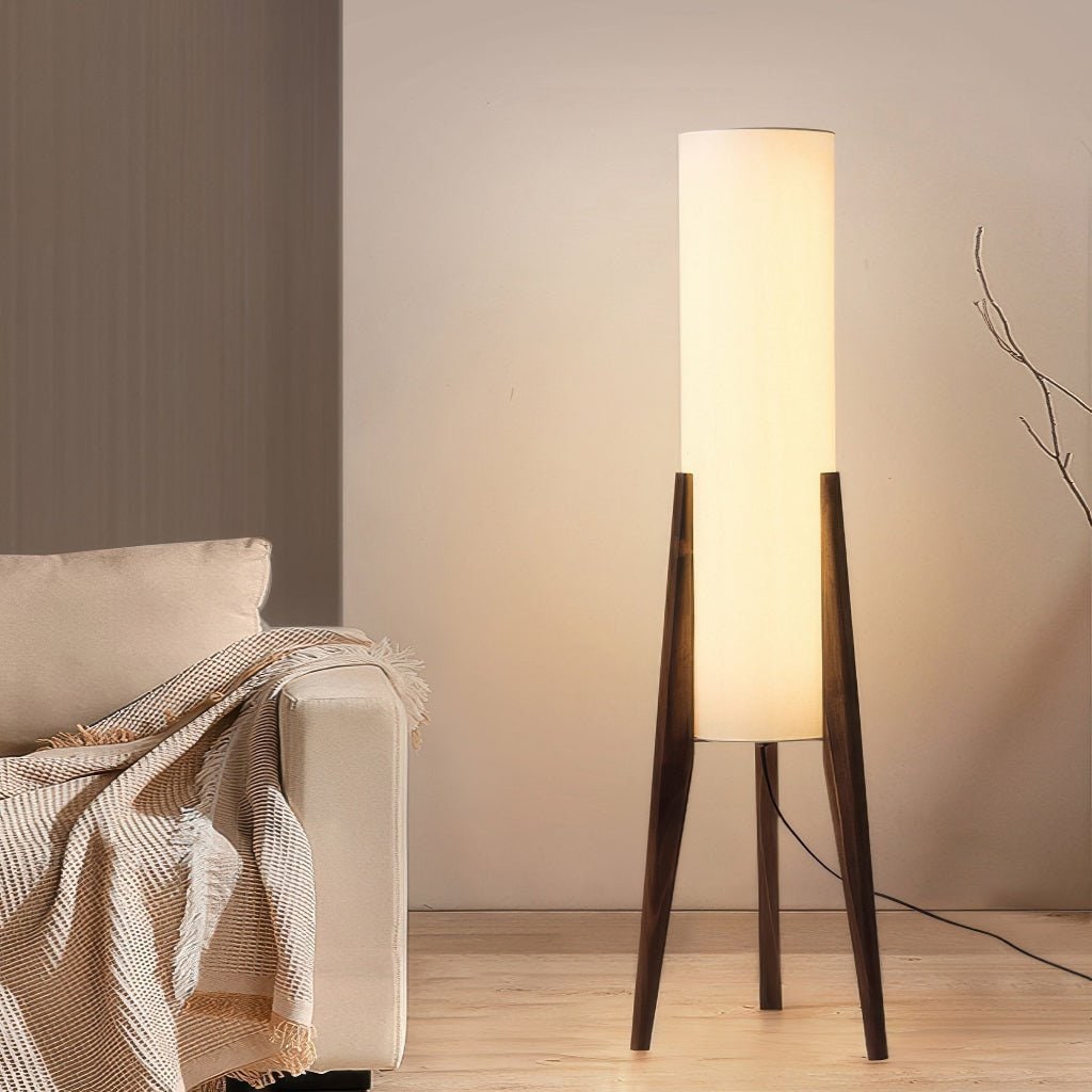 Tripod Floor Lamp Fabric Shade Wooden Tapered Legs Tall Cylindrical Scandinavian - Image 2