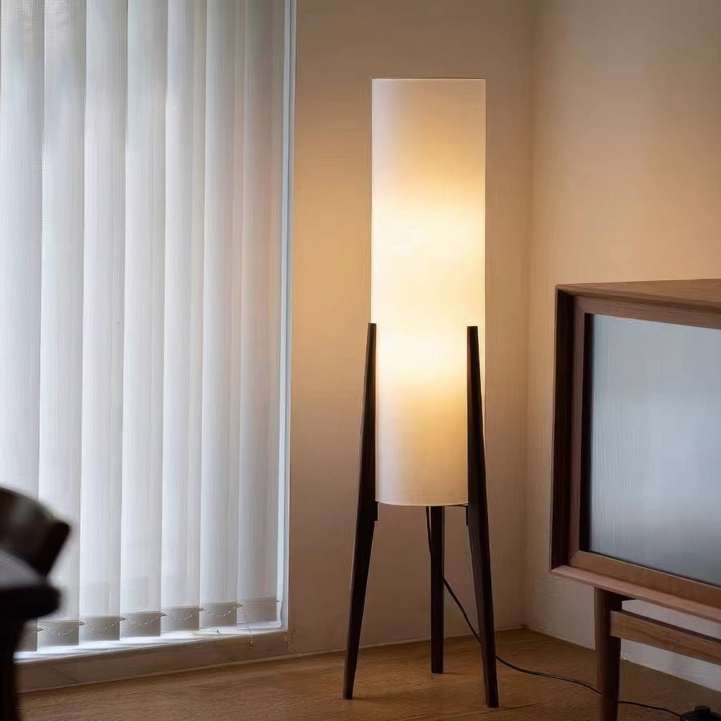 Tripod Floor Lamp Fabric Shade Wooden Tapered Legs Tall Cylindrical Scandinavian - Image 3