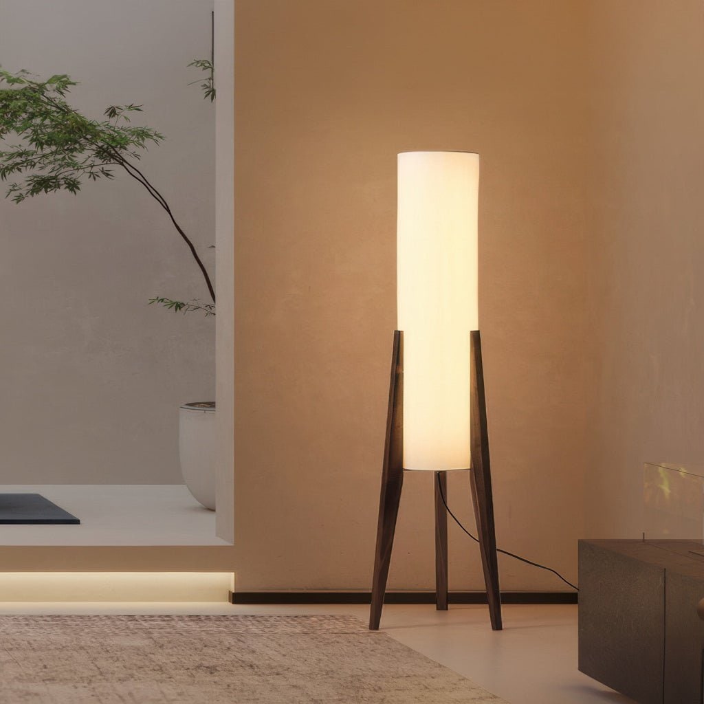 Tripod Floor Lamp Fabric Shade Wooden Tapered Legs Tall Cylindrical Scandinavian - Image 4