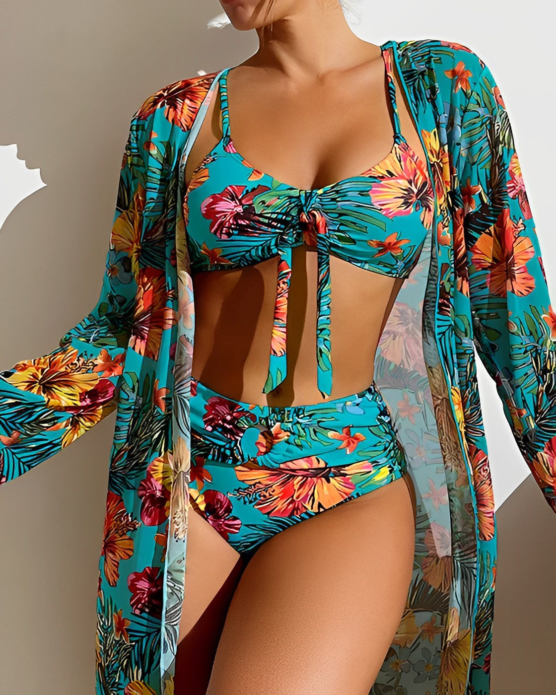 Tropical Print Three-Piece Bikini Set with Long Cover-Up — alternative angle