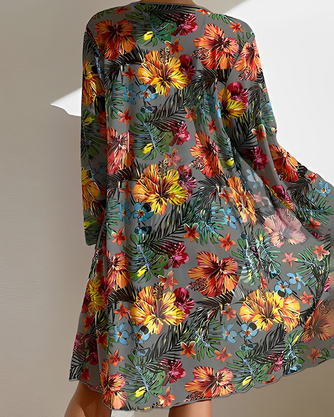Tropical Print Three-Piece Bikini Set with Long Cover-Up — back view
