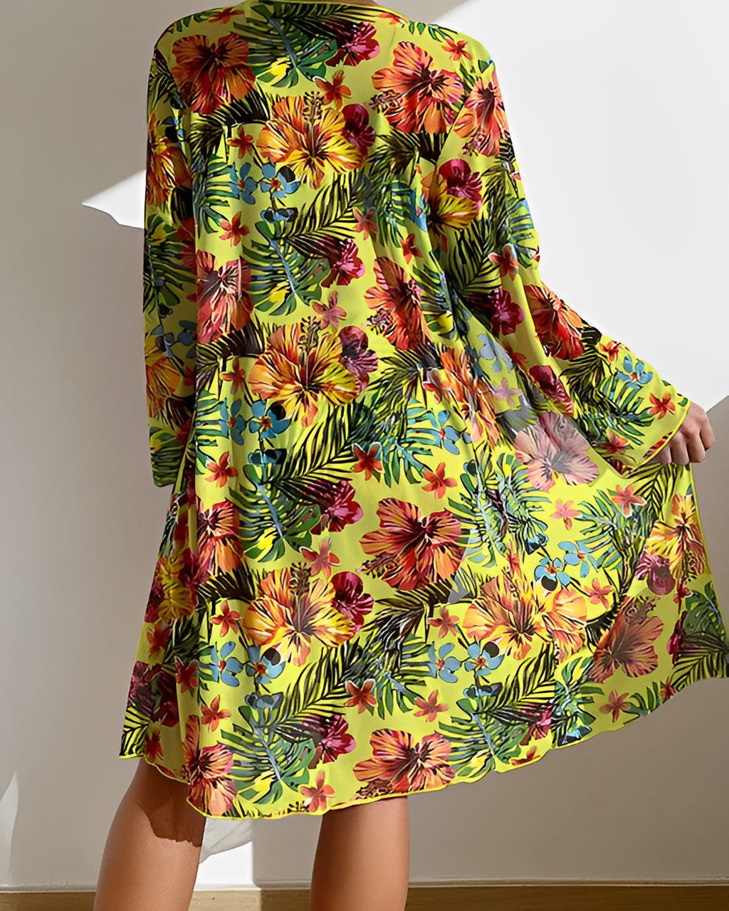 Tropical Print Three-Piece Bikini Set with Long Cover-Up — close-up