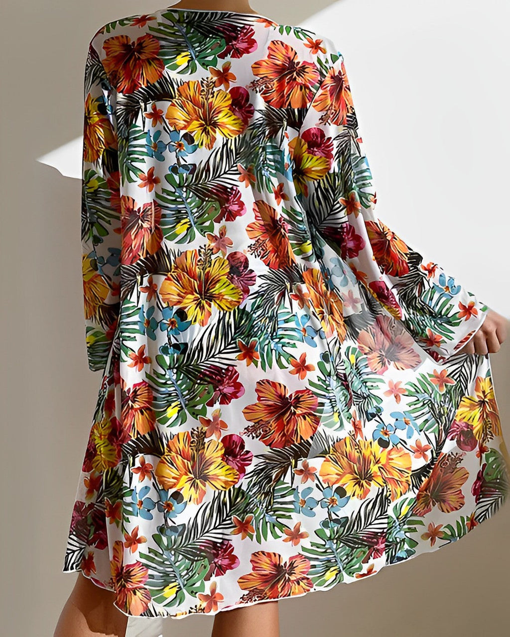 Tropical Print Three-Piece Bikini Set with Long Cover-Up — detail view
