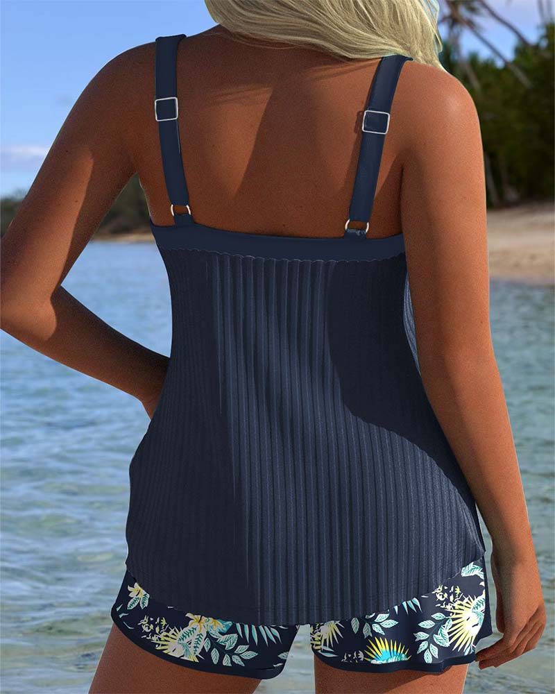 Tropical Print Tummy Control Tankini Set for Women — back view