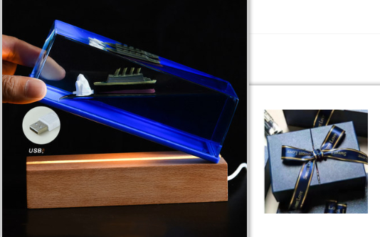 Unsinkable Ship Fluid Wave Paperweight with LED Light and Wooden Base - Image 3