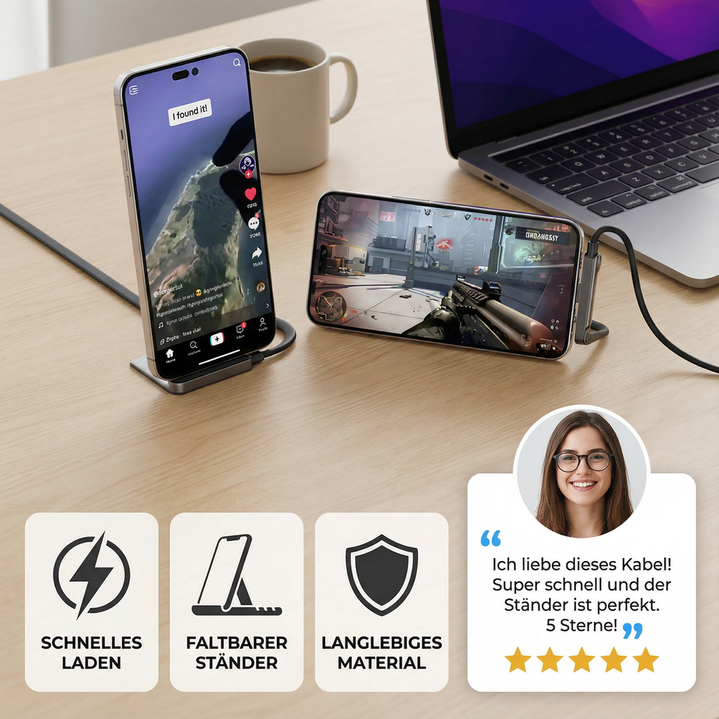 Usb-C to Cable with Integrated Folding Phone Stand and Braided Charging Cord - Image 3