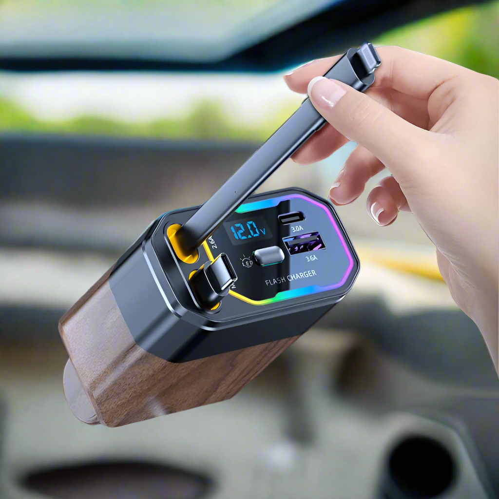USB Car Charger with Retractable Dual Cables Fast Charging Phone Digital Voltage Display and Rgb LED - Image 1