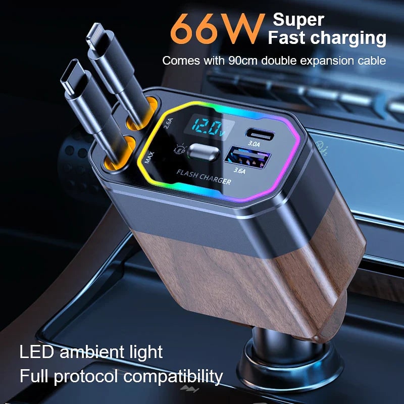 USB Car Charger with Retractable Dual Cables Fast Charging Phone Digital Voltage Display and Rgb LED - Image 2
