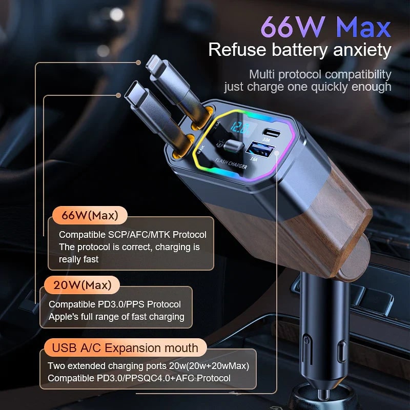 USB Car Charger with Retractable Dual Cables Fast Charging Phone Digital Voltage Display and Rgb LED - Image 3