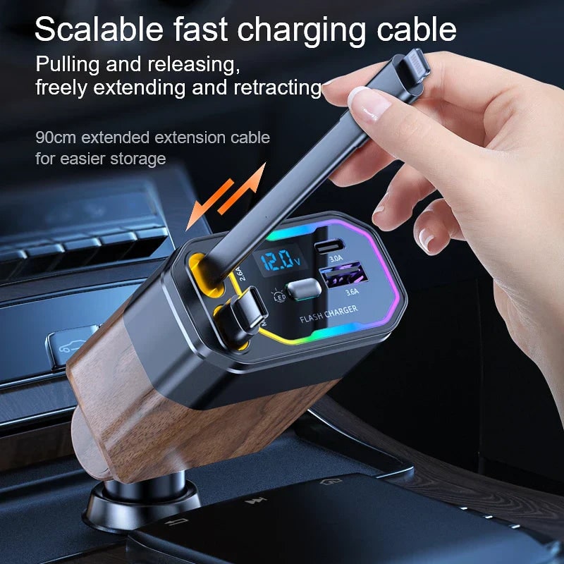 USB Car Charger with Retractable Dual Cables Fast Charging Phone Digital Voltage Display and Rgb LED - Image 4