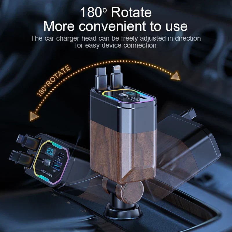USB Car Charger with Retractable Dual Cables Fast Charging Phone Digital Voltage Display and Rgb LED - Image 5