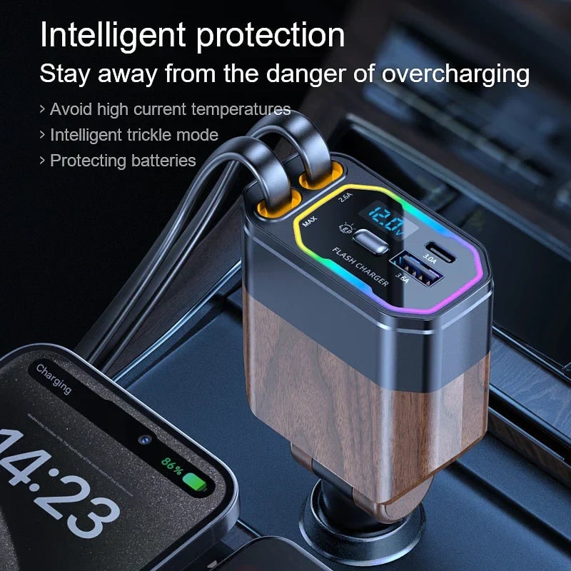 USB Car Charger with Retractable Dual Cables Fast Charging Phone Digital Voltage Display and Rgb LED - Image 6