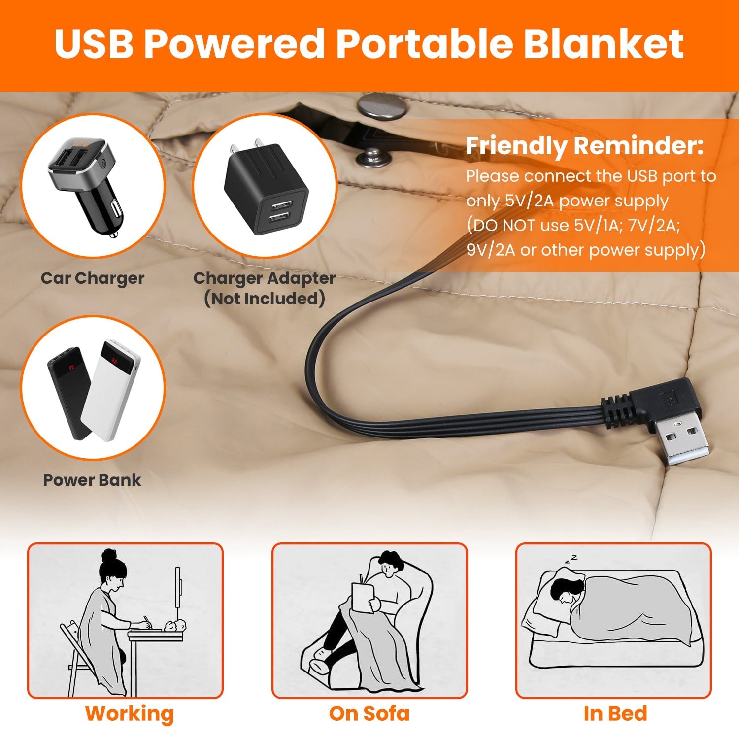USB Heated Wearable Blanket with Zippered Armholes Dual Controls and 6 Heating Zones - Image 2