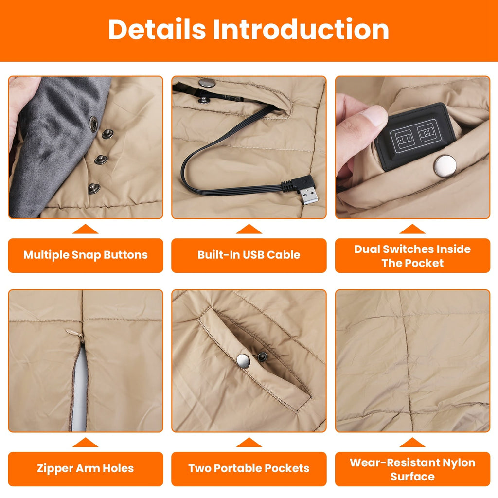 USB Heated Wearable Blanket with Zippered Armholes Dual Controls and 6 Heating Zones - Image 4