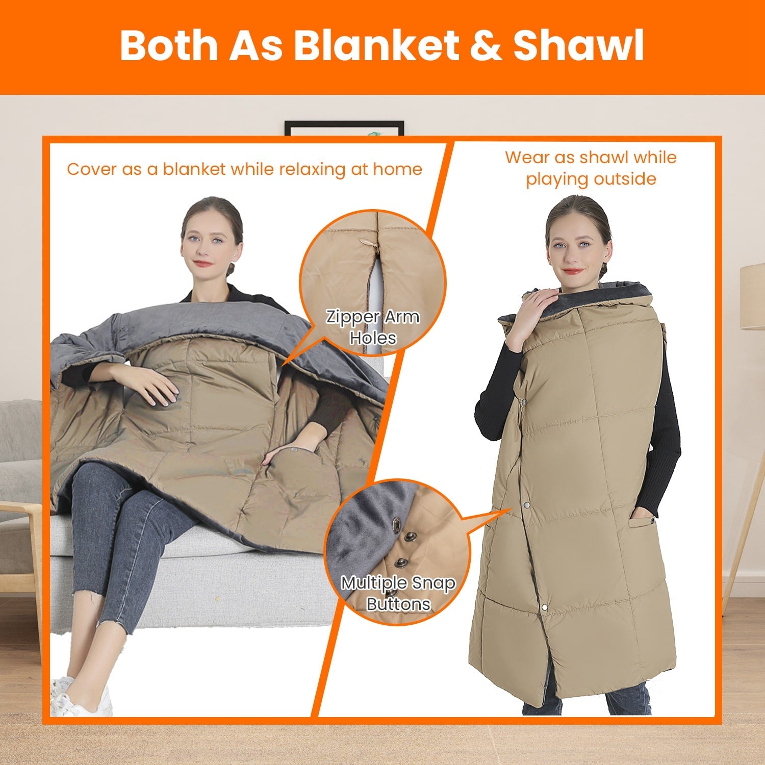 USB Heated Wearable Blanket with Zippered Armholes Dual Controls and 6 Heating Zones - Image 5