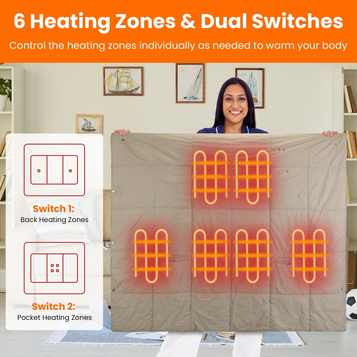 USB Heated Wearable Blanket with Zippered Armholes Dual Controls and 6 Heating Zones - Image 6