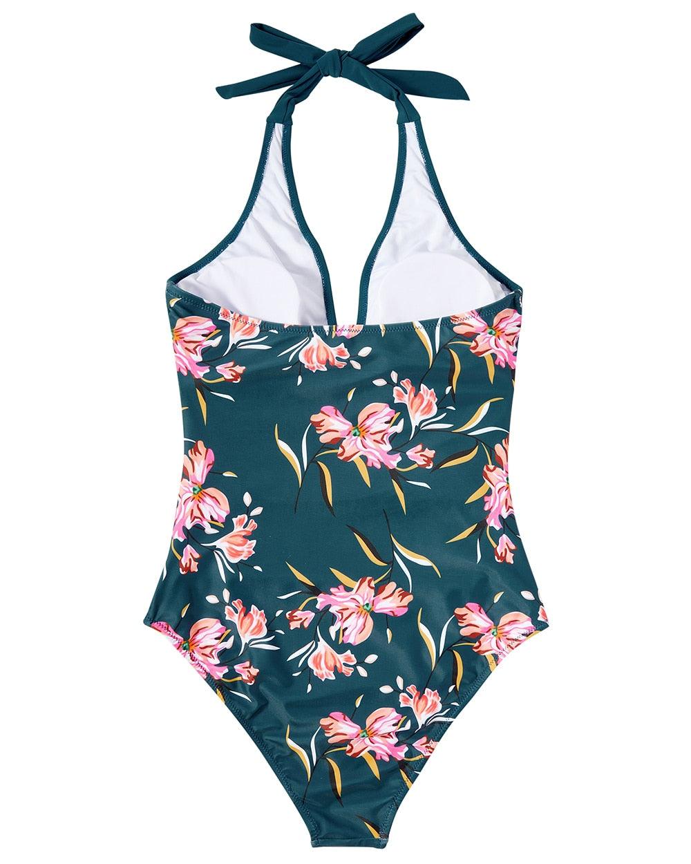 V-Neck Halter Ruched Tummy Control One-Piece Swimsuit — alternative angle