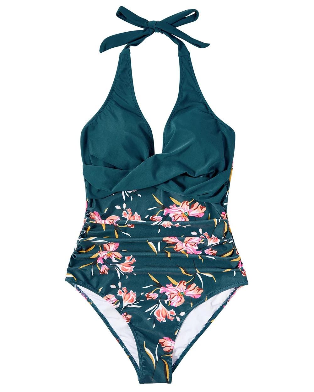 V-Neck Halter Ruched Tummy Control One-Piece Swimsuit — close-up