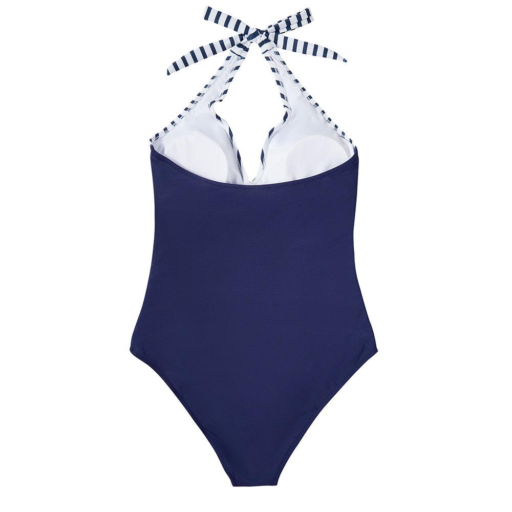 V-Neck Halter Ruched Tummy Control One-Piece Swimsuit — fabric detail