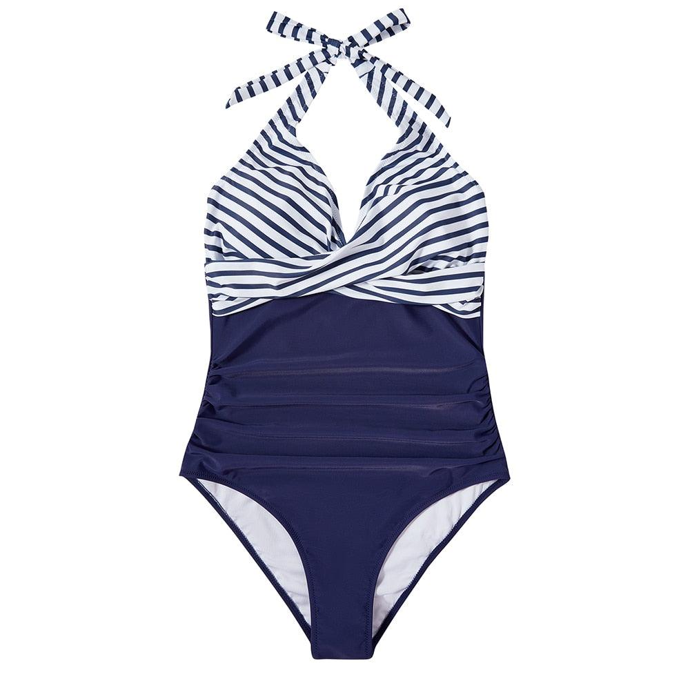 V-Neck Halter Ruched Tummy Control One-Piece Swimsuit — styling detail