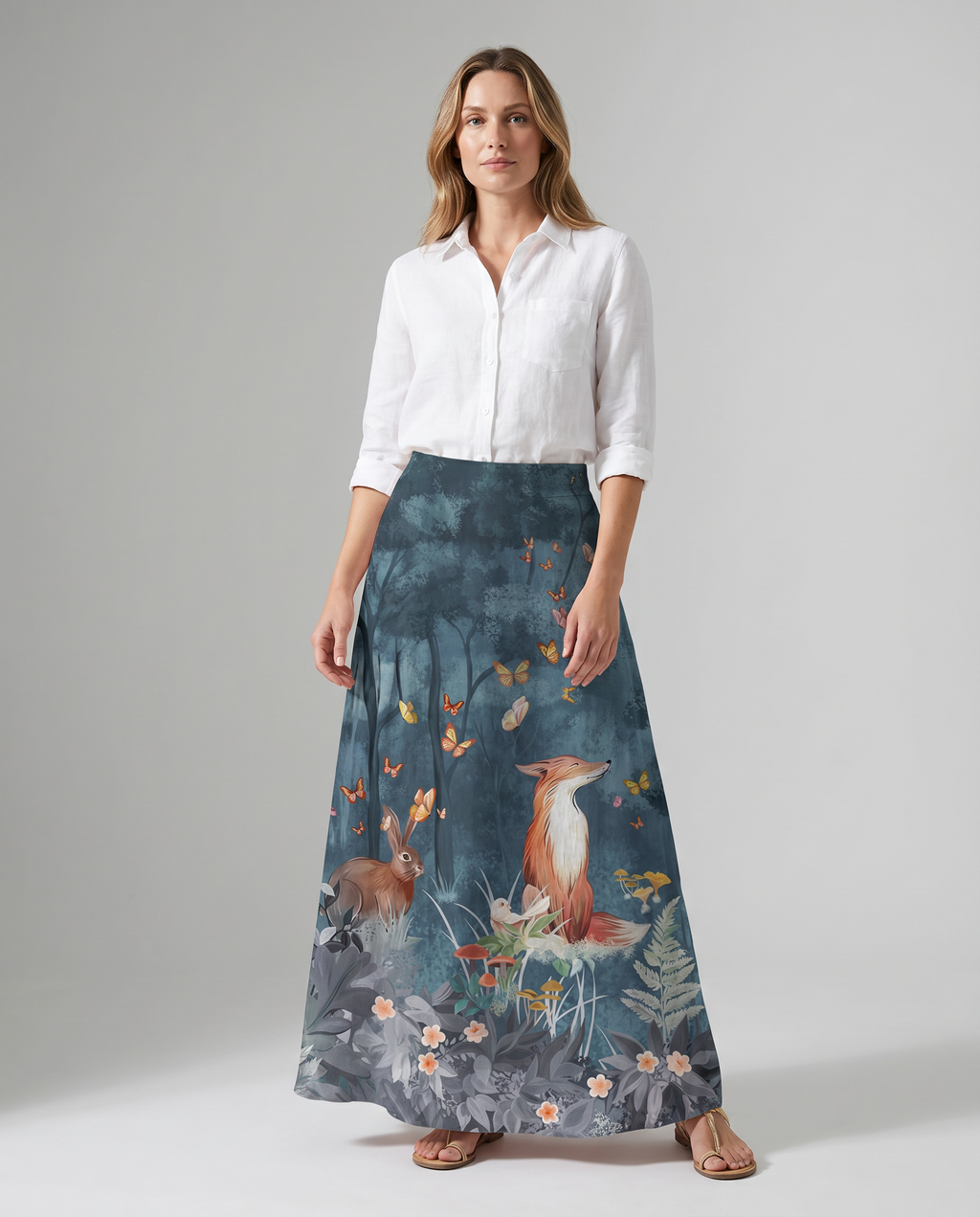 Vintage Animal Floral Print Dark Blue Pocket Skirt — side view