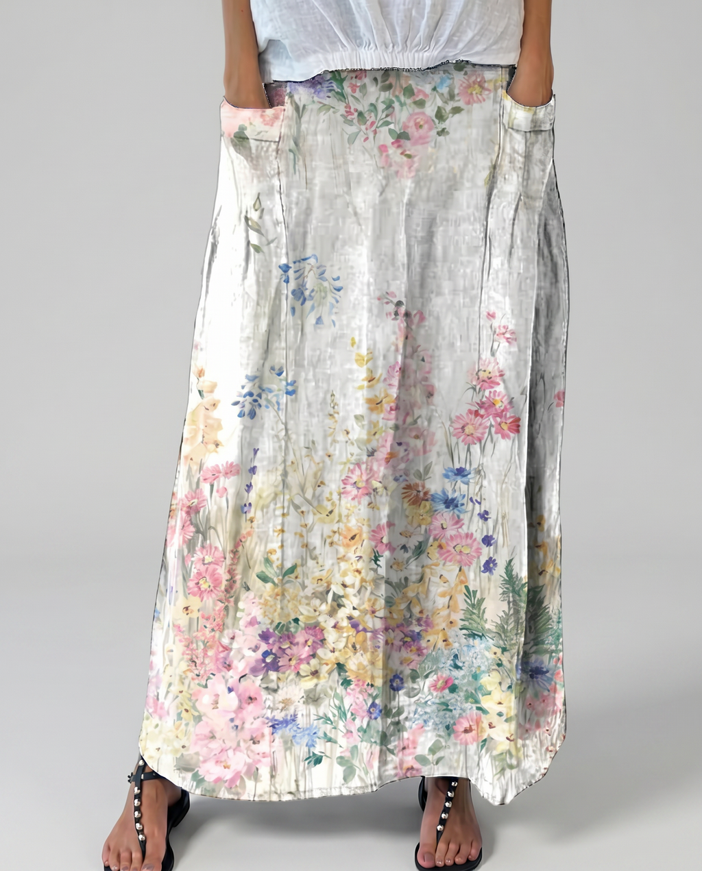 Vintage Botanical White A-Line Skirt with Elastic Waist — detail view
