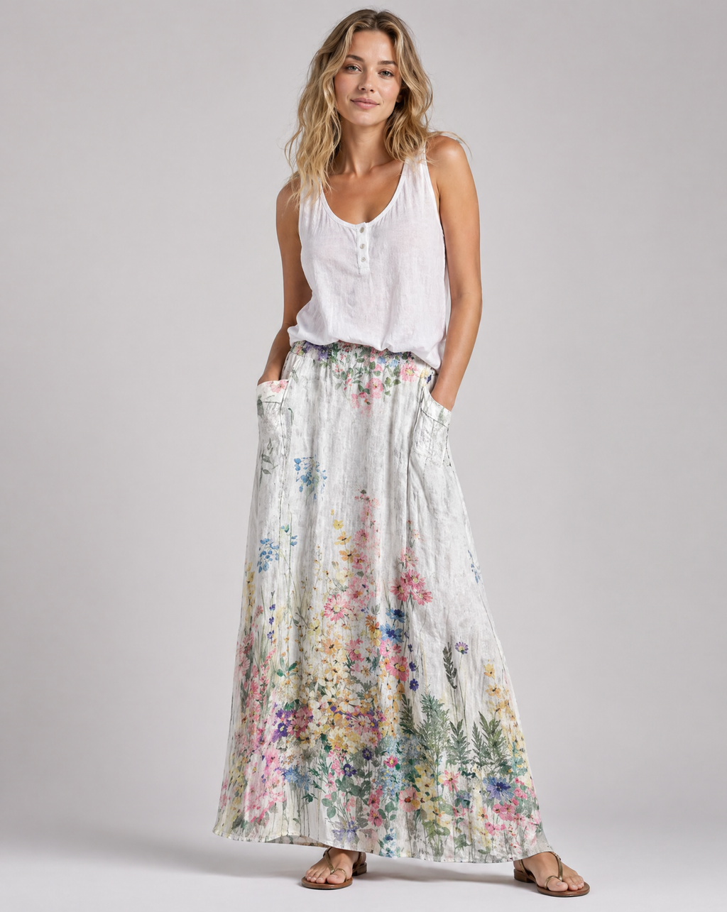 Vintage Botanical White A-Line Skirt with Elastic Waist