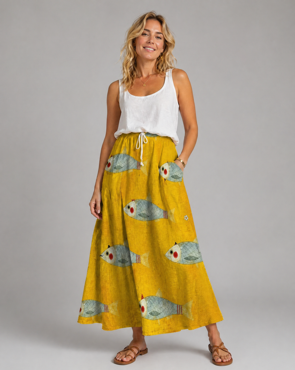 Vintage Fish Print High-Waist Pocket Skirt
